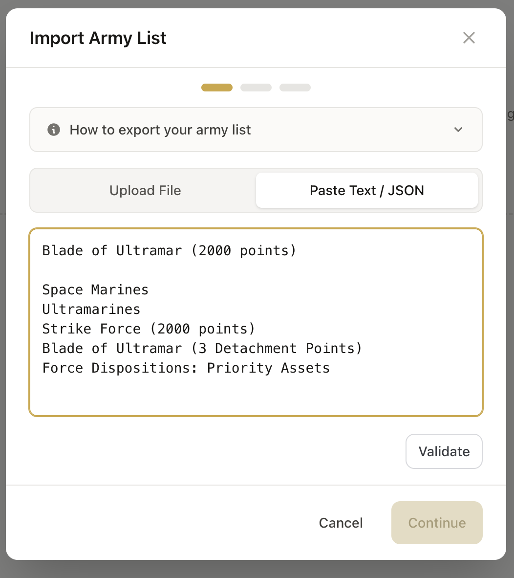 Import Army List dialog — paste your roster as text or JSON